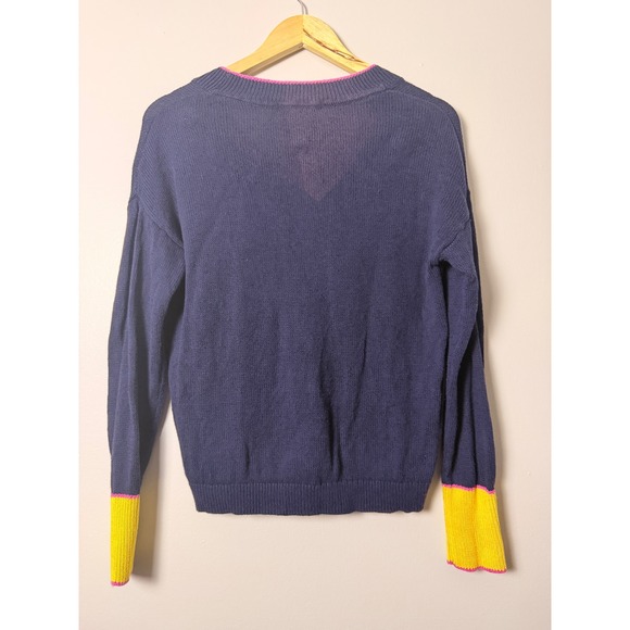 Boden Navy Blue V Neck Sweater Pink Trim Yellow Cuffs Women US 4 - Picture 2 of 7